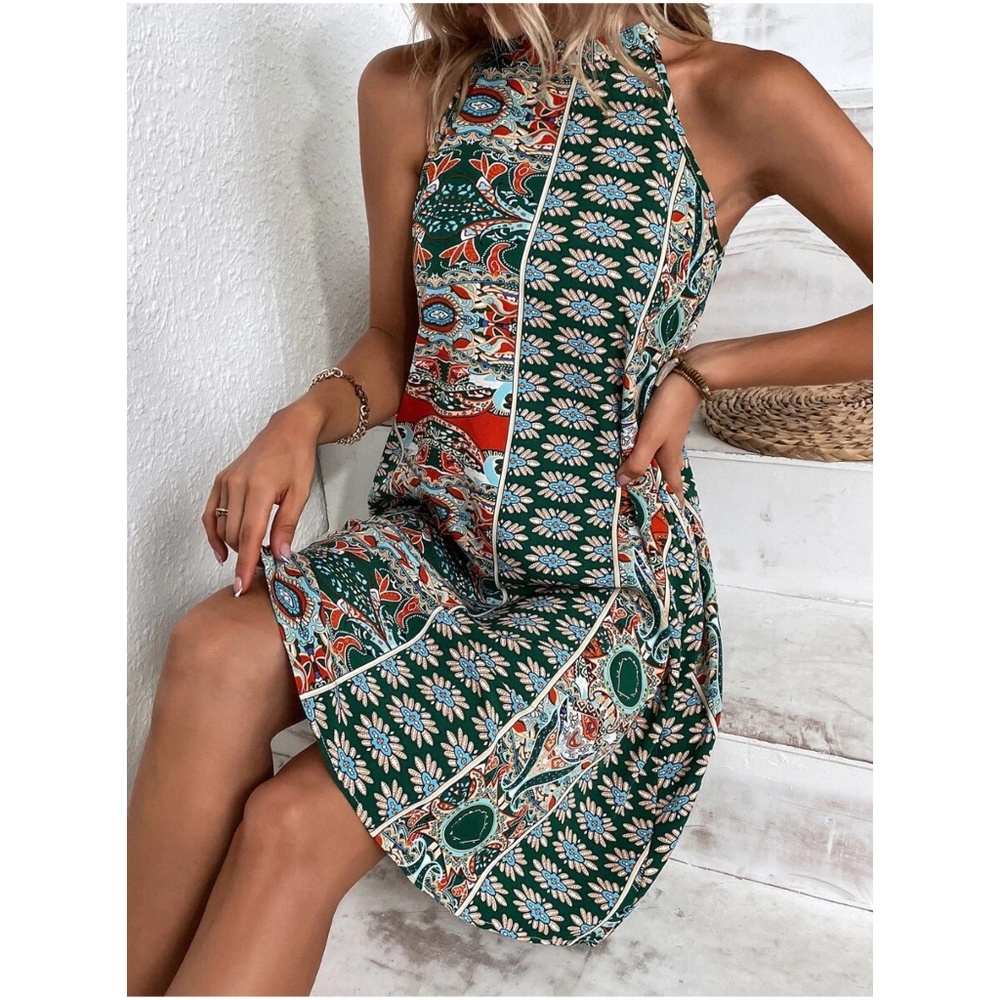 Boho Paisley Print Halter Mini Dress - Picture 6 of 7
